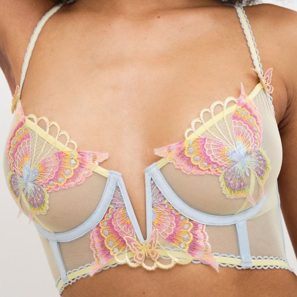 NWT For Love & Lemons 34D Embroidery Papillon Longline Bra Pastel Appliqué